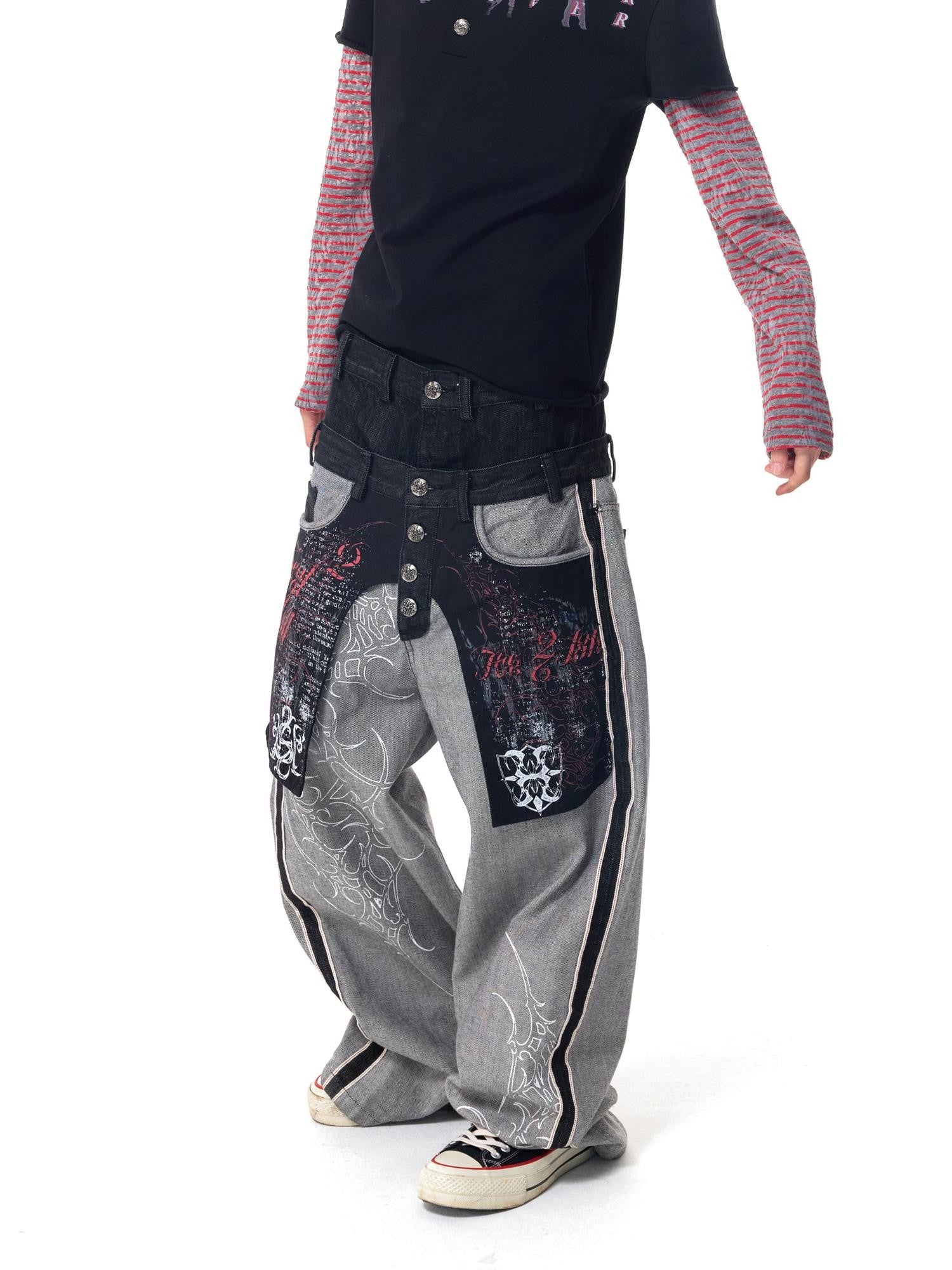 HAS2SONS Black Embroidered Patchwork Big Pocket Double Waist Women's Selvedge Jeans