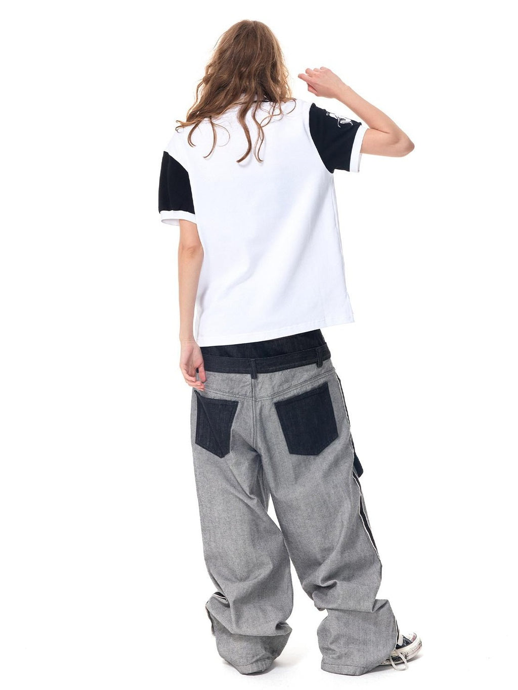 HAS2SONS Black Embroidered Patchwork Big Pocket Double Waist Women's Selvedge Jeans