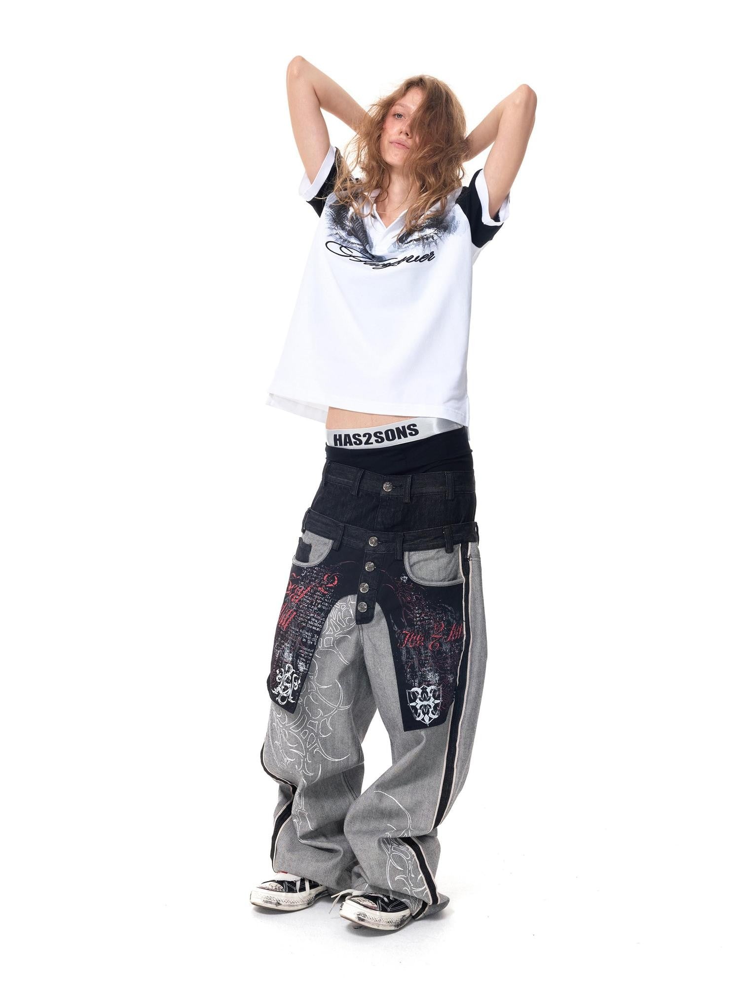 HAS2SONS Black Embroidered Patchwork Big Pocket Double Waist Women's Selvedge Jeans