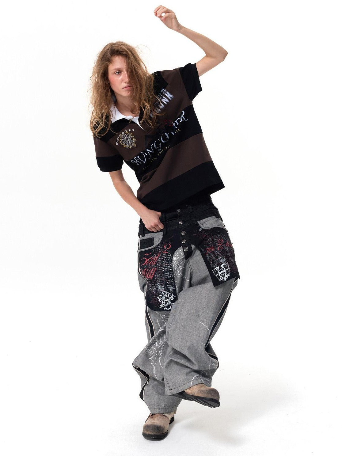 HAS2SONS Black Embroidered Patchwork Big Pocket Double Waist Women's Selvedge Jeans