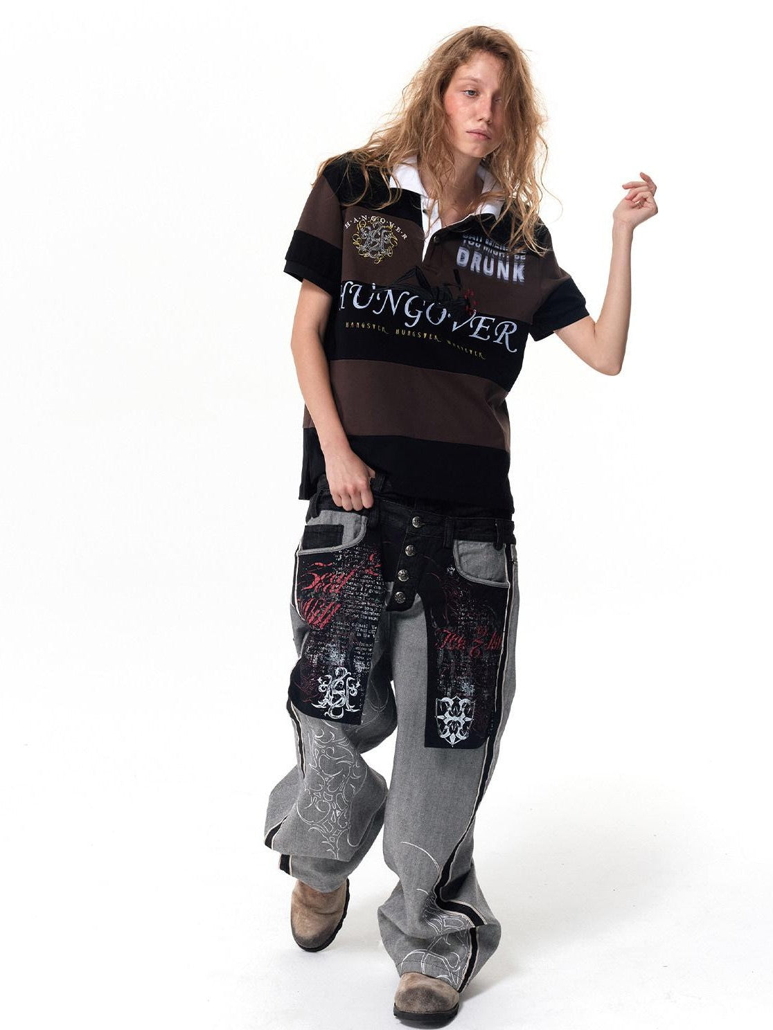 HAS2SONS Black Embroidered Patchwork Big Pocket Double Waist Women's Selvedge Jeans