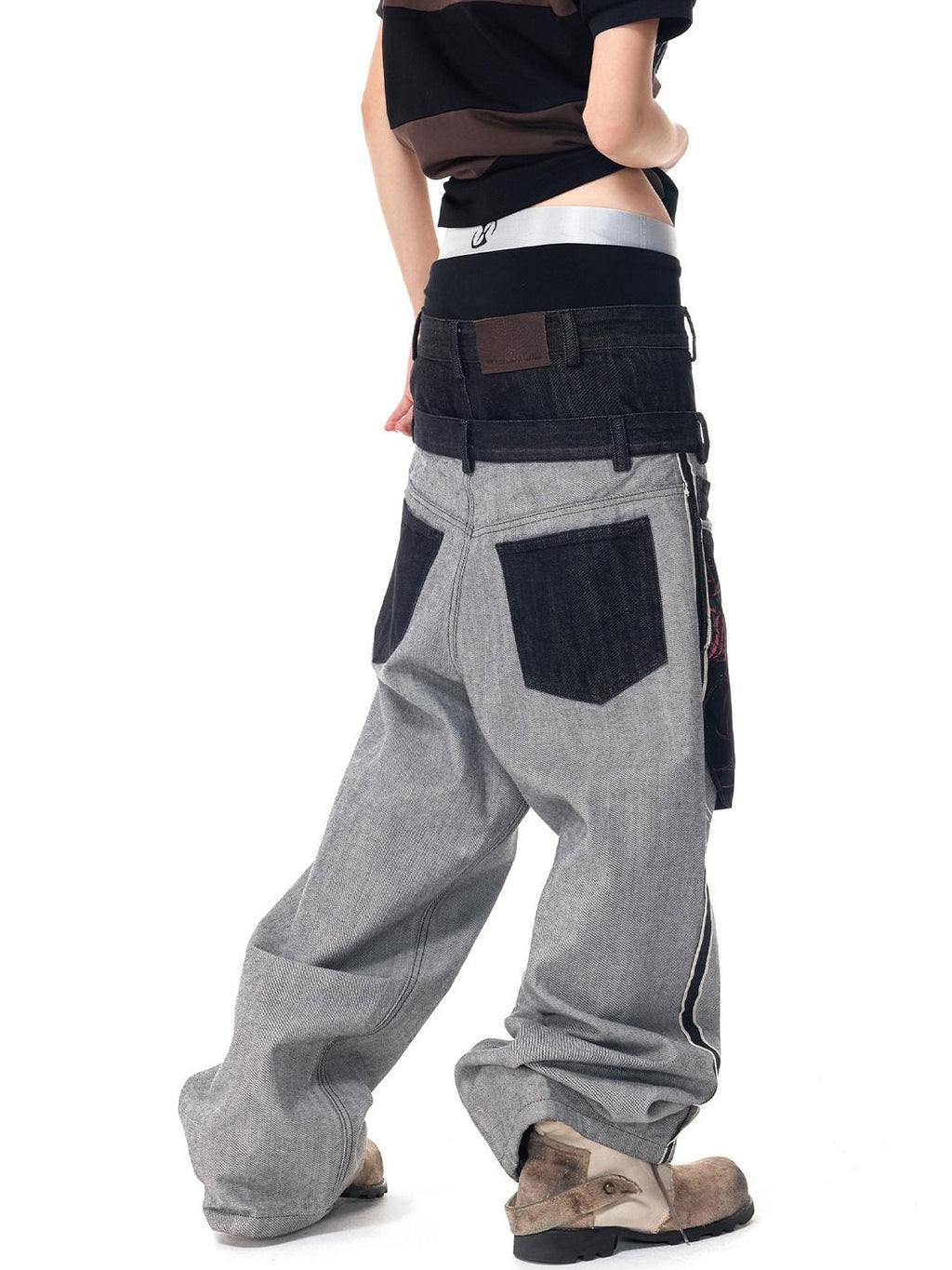 HAS2SONS Black Embroidered Patchwork Big Pocket Double Waist Women's Selvedge Jeans