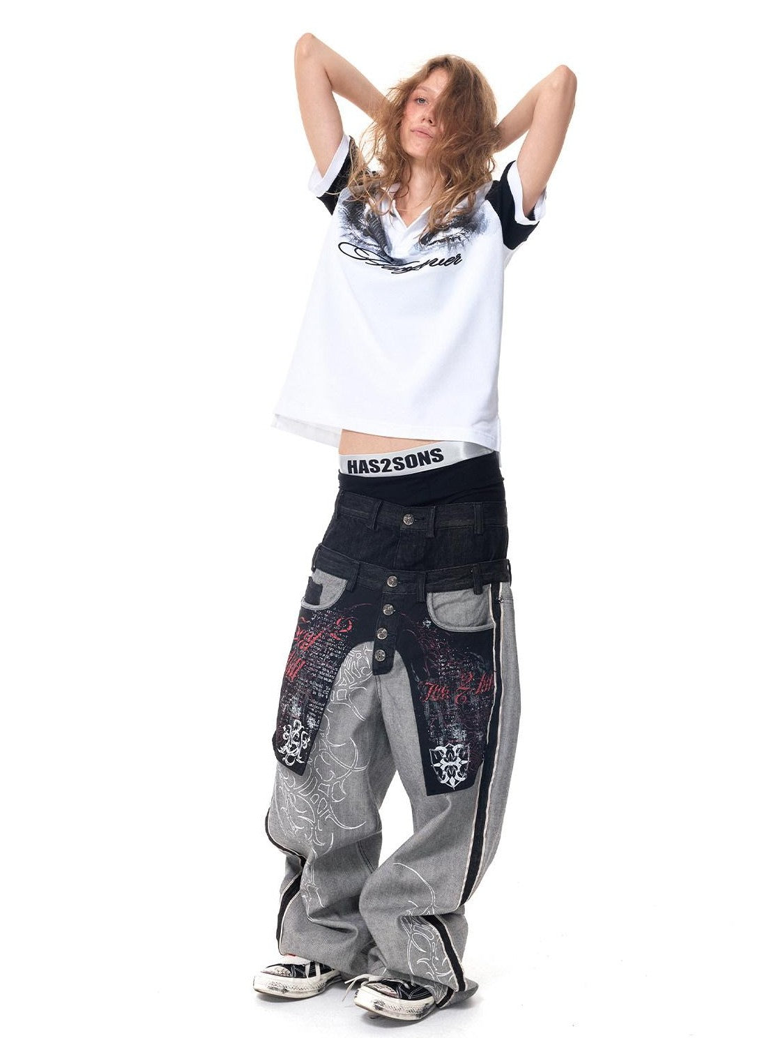 HAS2SONS Black Embroidered Patchwork Big Pocket Double Waist Women's Selvedge Jeans