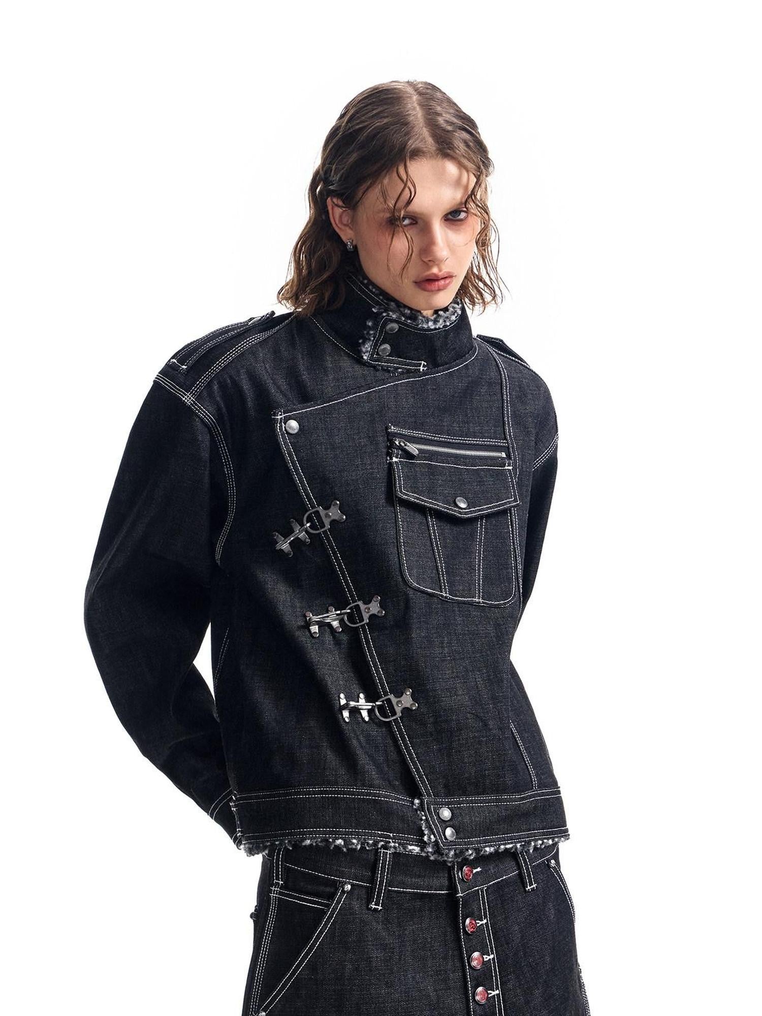 HAS2SONS Black Sherpa Collar Metal Buckle Raw Boxy Women's Cotton Denim Jackets