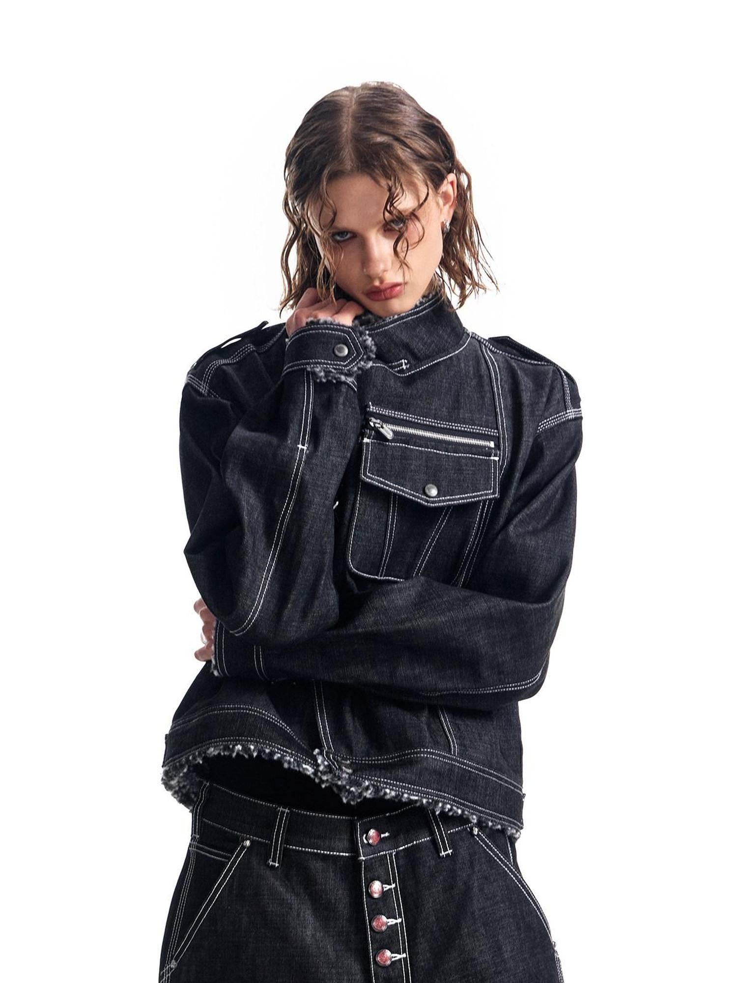 HAS2SONS Black Sherpa Collar Metal Buckle Raw Boxy Women's Cotton Denim Jackets