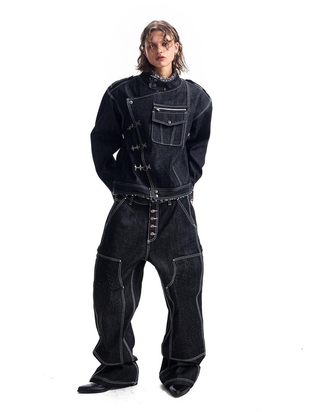 HAS2SONS Black Sherpa Collar Metal Buckle Raw Boxy Women's Cotton Denim Jackets