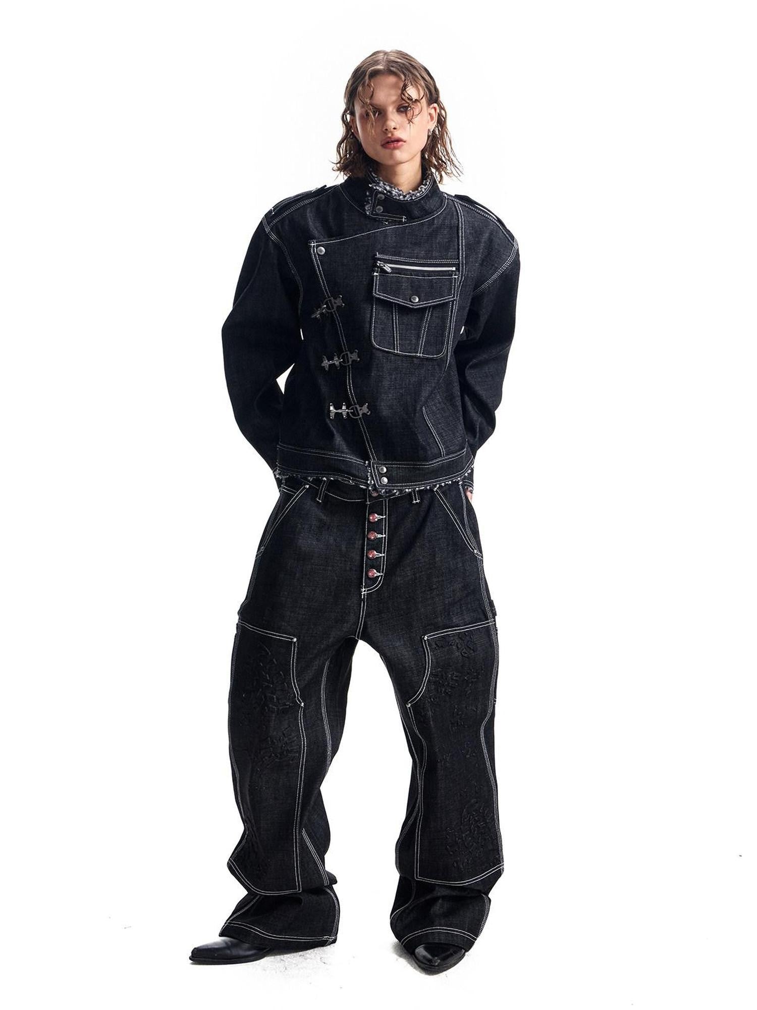 HAS2SONS Black Sherpa Collar Metal Buckle Raw Boxy Women's Cotton Denim Jackets