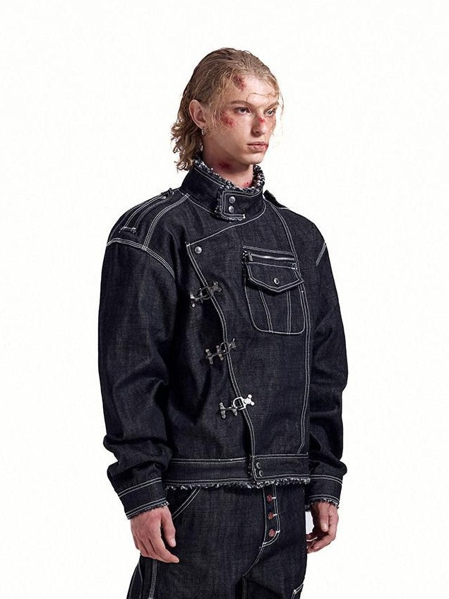 HAS2SONS Black Sherpa Collar Metal Buckle Raw Boxy Women's Cotton Denim Jackets
