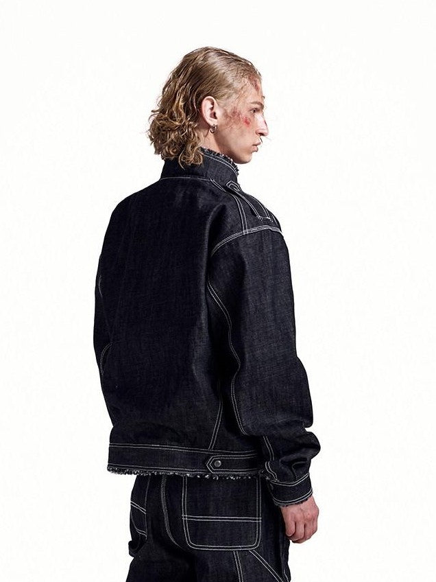 HAS2SONS Black Sherpa Collar Metal Buckle Raw Boxy Women's Cotton Denim Jackets