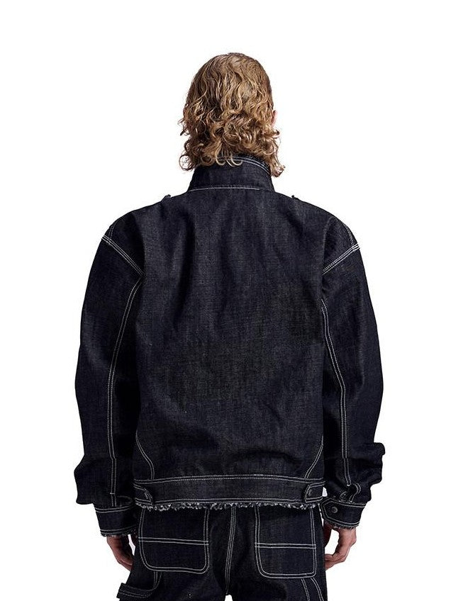 HAS2SONS Black Sherpa Collar Metal Buckle Raw Boxy Women's Cotton Denim Jackets