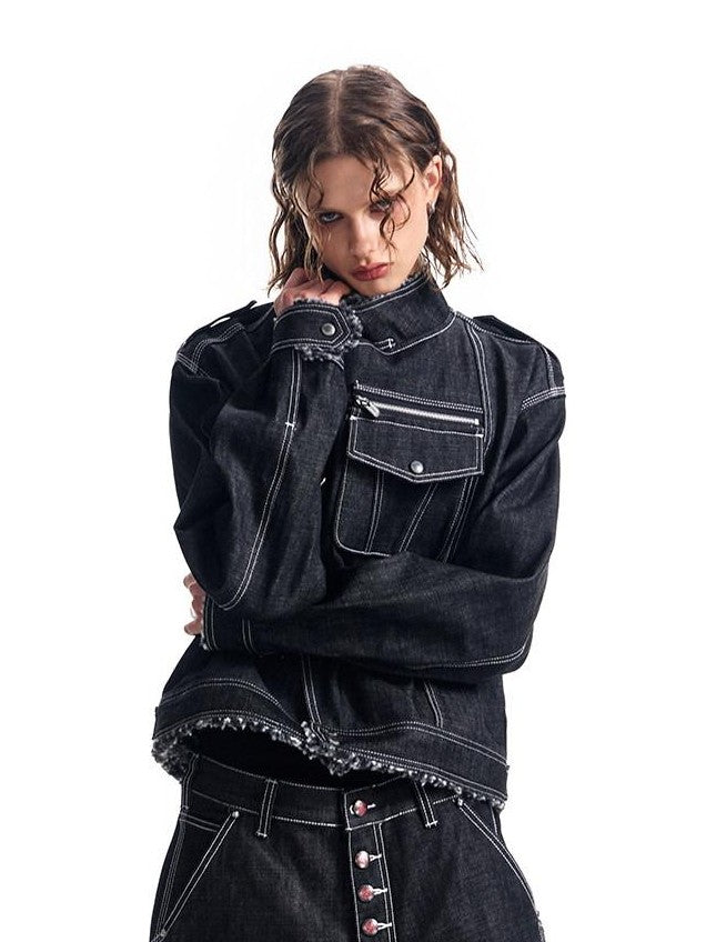 HAS2SONS Black Sherpa Collar Metal Buckle Raw Boxy Women's Cotton Denim Jackets