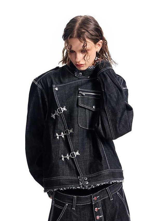 HAS2SONS Black Sherpa Collar Metal Buckle Raw Boxy Women's Cotton Denim Jackets