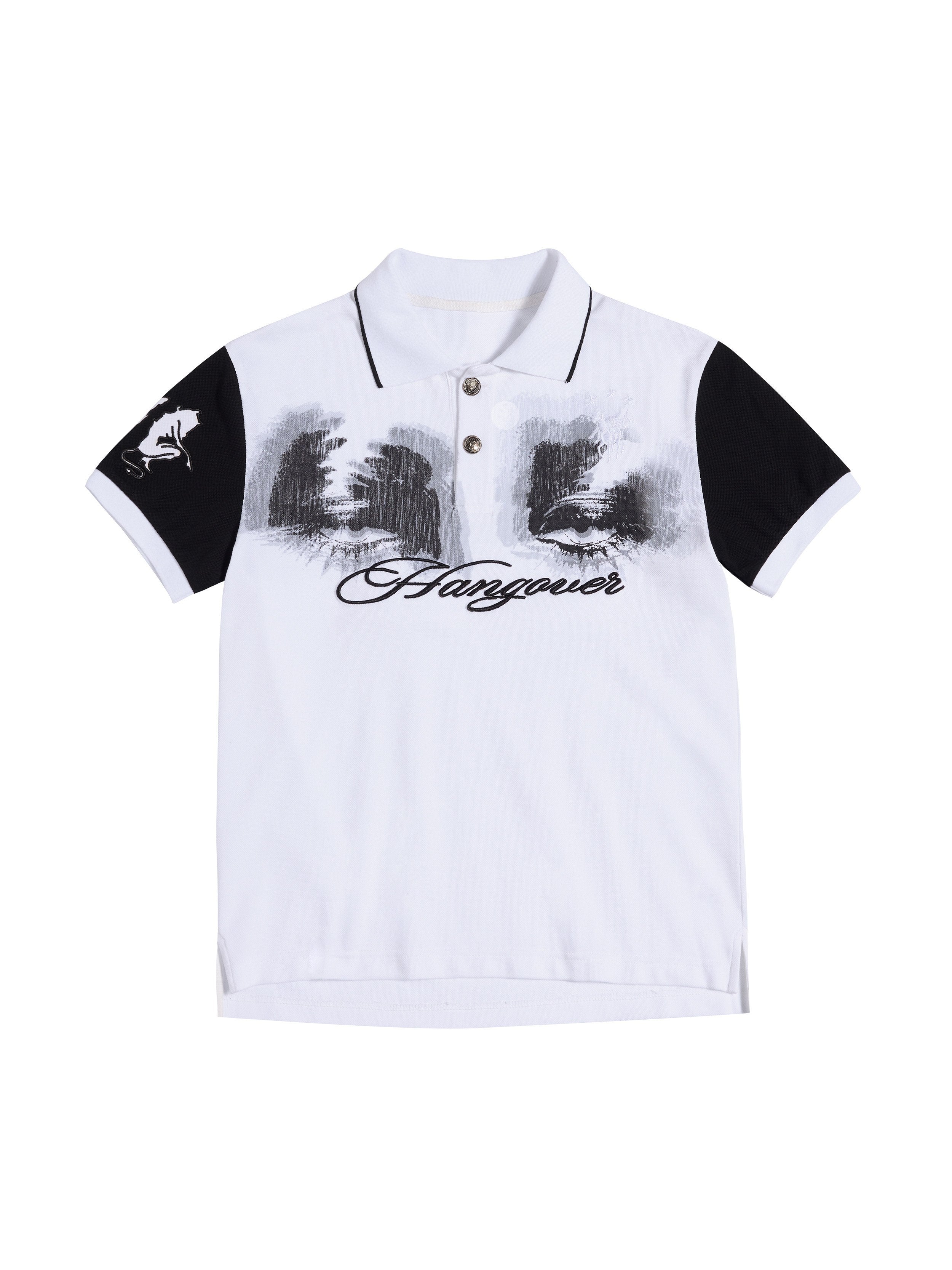 HAS2SONS_Black_White_Contrast_Eye_Print_Shoulder_Colorblock_Women's_Classic_Polos_1036617460626_MISSTT