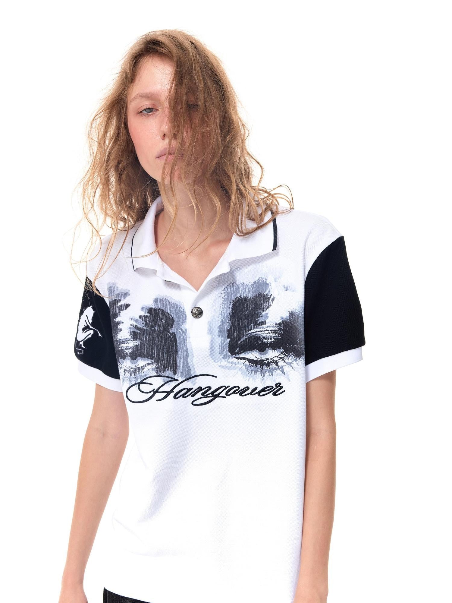 HAS2SONS Black White Contrast Eye Print Shoulder Colorblock Women's Classic Polos