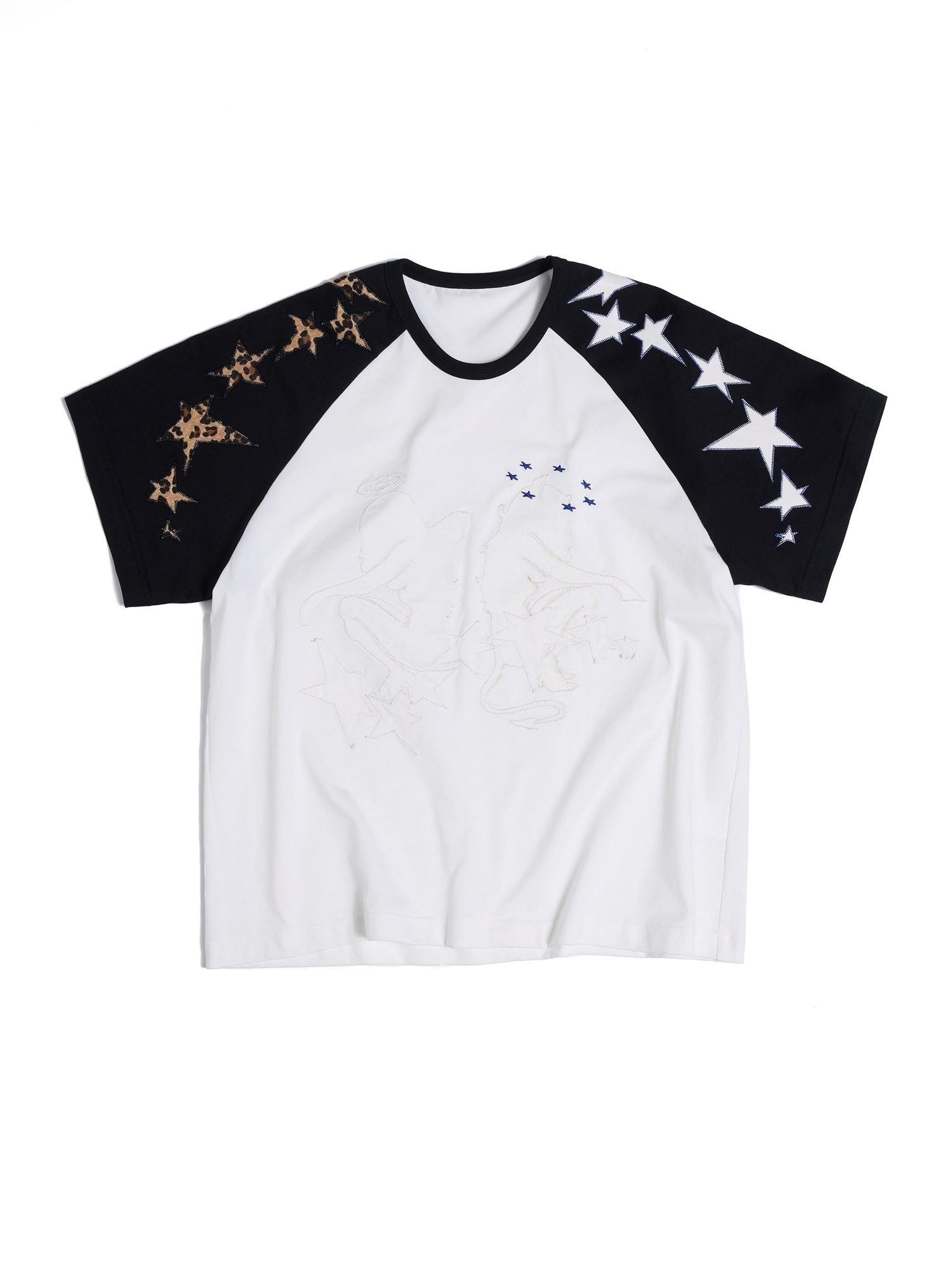 HAS2SONS Black White Raglan Applique Figure Print Women's Cotton Short Sleeve T-shirts