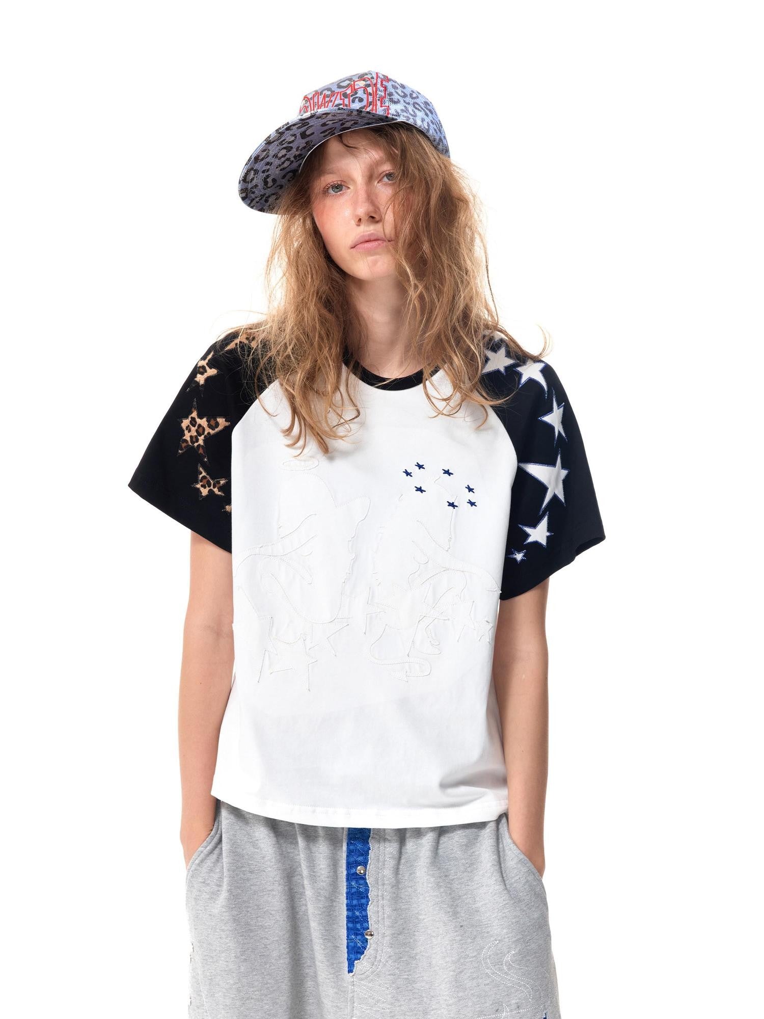 HAS2SONS Black White Raglan Applique Figure Print Women's Cotton Short Sleeve T-shirts