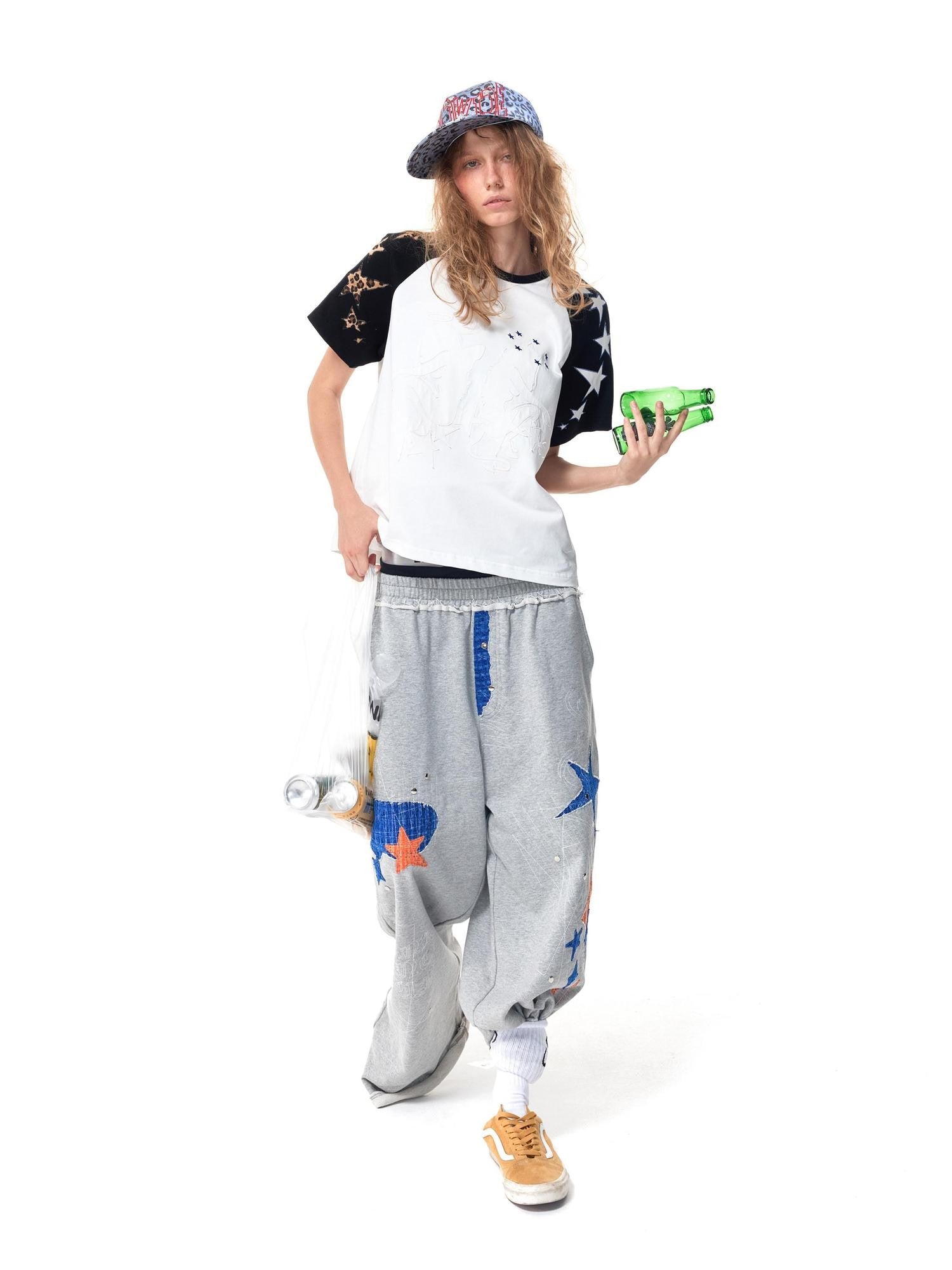 HAS2SONS Black White Raglan Applique Figure Print Women's Cotton Short Sleeve T-shirts