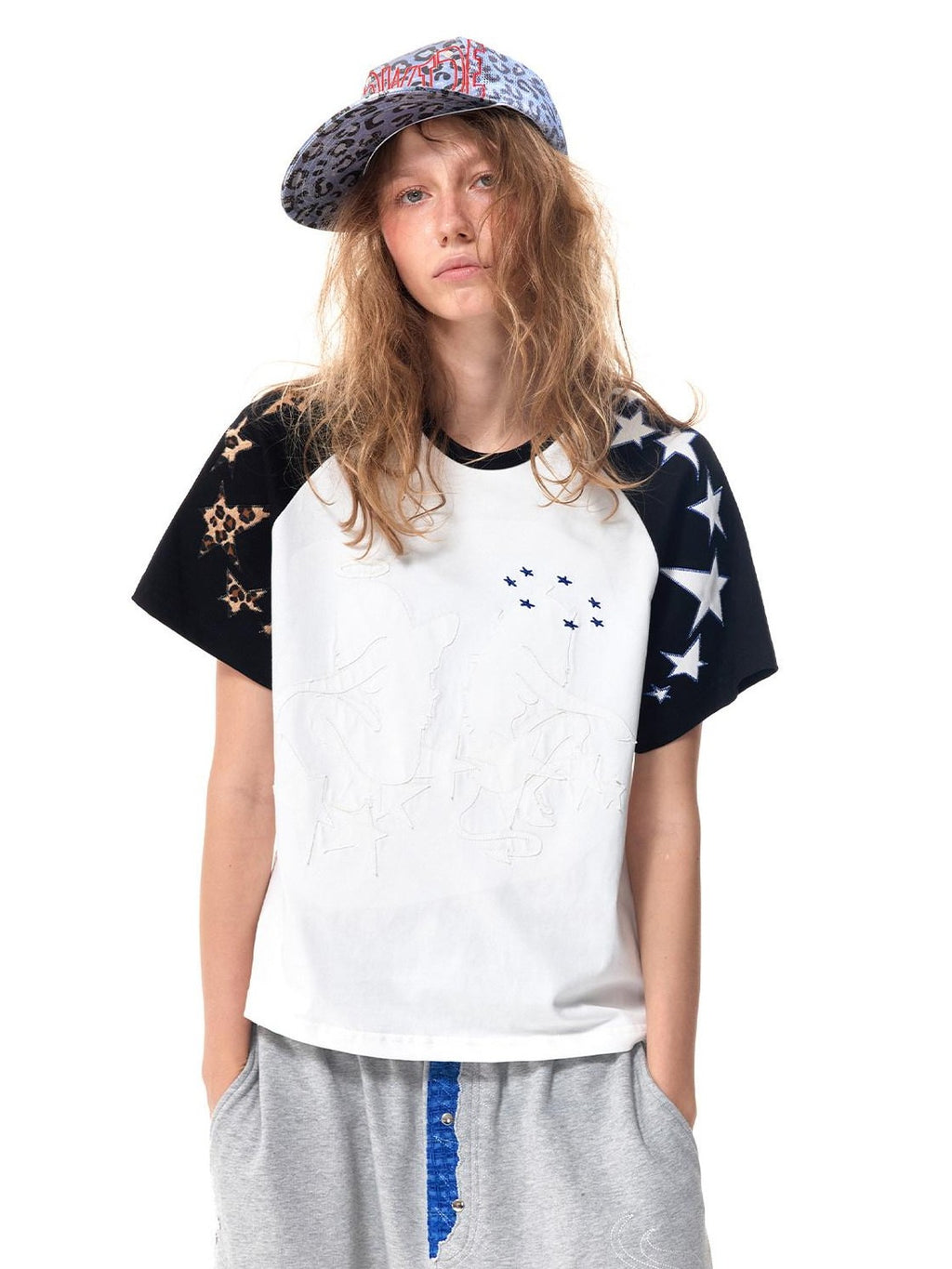 HAS2SONS Black White Raglan Applique Figure Print Women's Cotton Short Sleeve T-shirts