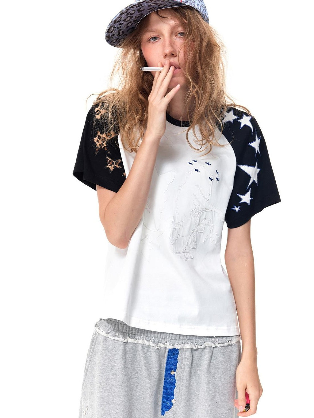 HAS2SONS Black White Raglan Applique Figure Print Women's Cotton Short Sleeve T-shirts