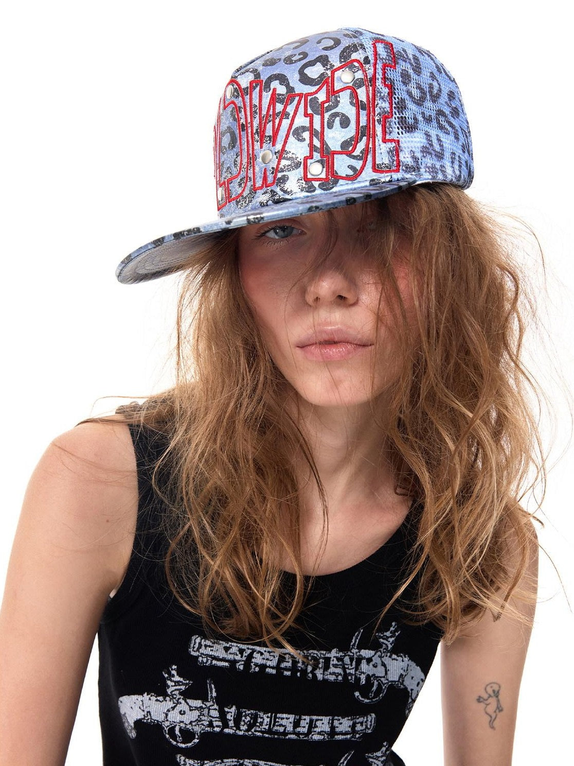 HAS2SONS Blue Leopard Print Rivet Embroidered Letter Trucker Women's Mesh Baseball Caps