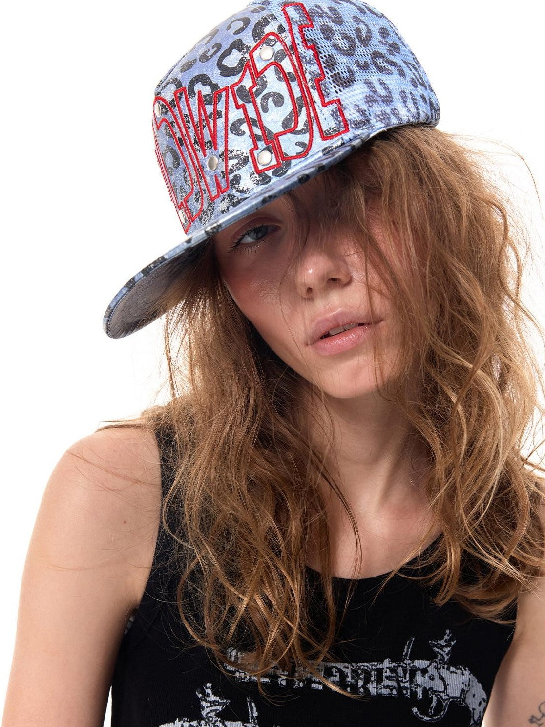 HAS2SONS Blue Leopard Print Rivet Embroidered Letter Trucker Women's Mesh Baseball Caps
