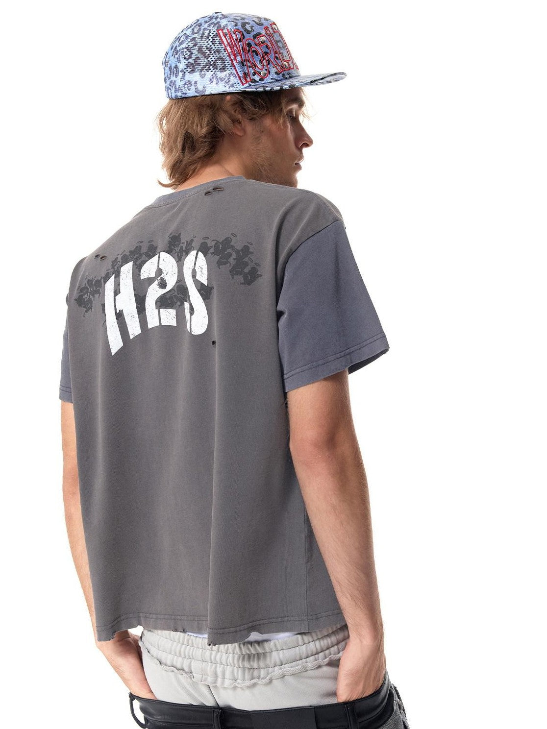 HAS2SONS Boxy Patchwork Pocket Women's Washed Gray Short Sleeve T-shirts
