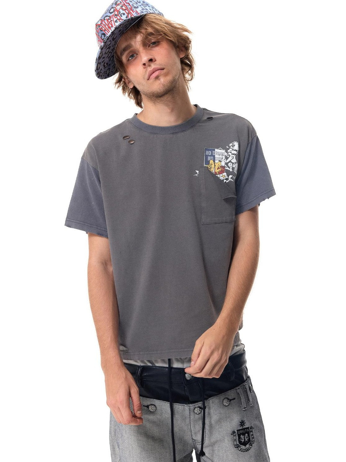 HAS2SONS Boxy Patchwork Pocket Women's Washed Gray Short Sleeve T-shirts