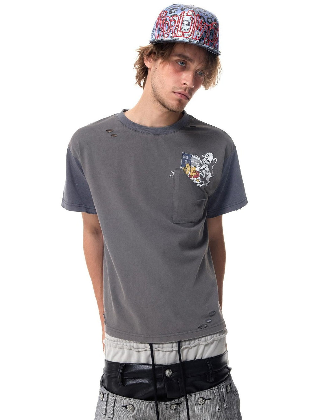 HAS2SONS Boxy Patchwork Pocket Women's Washed Gray Short Sleeve T-shirts