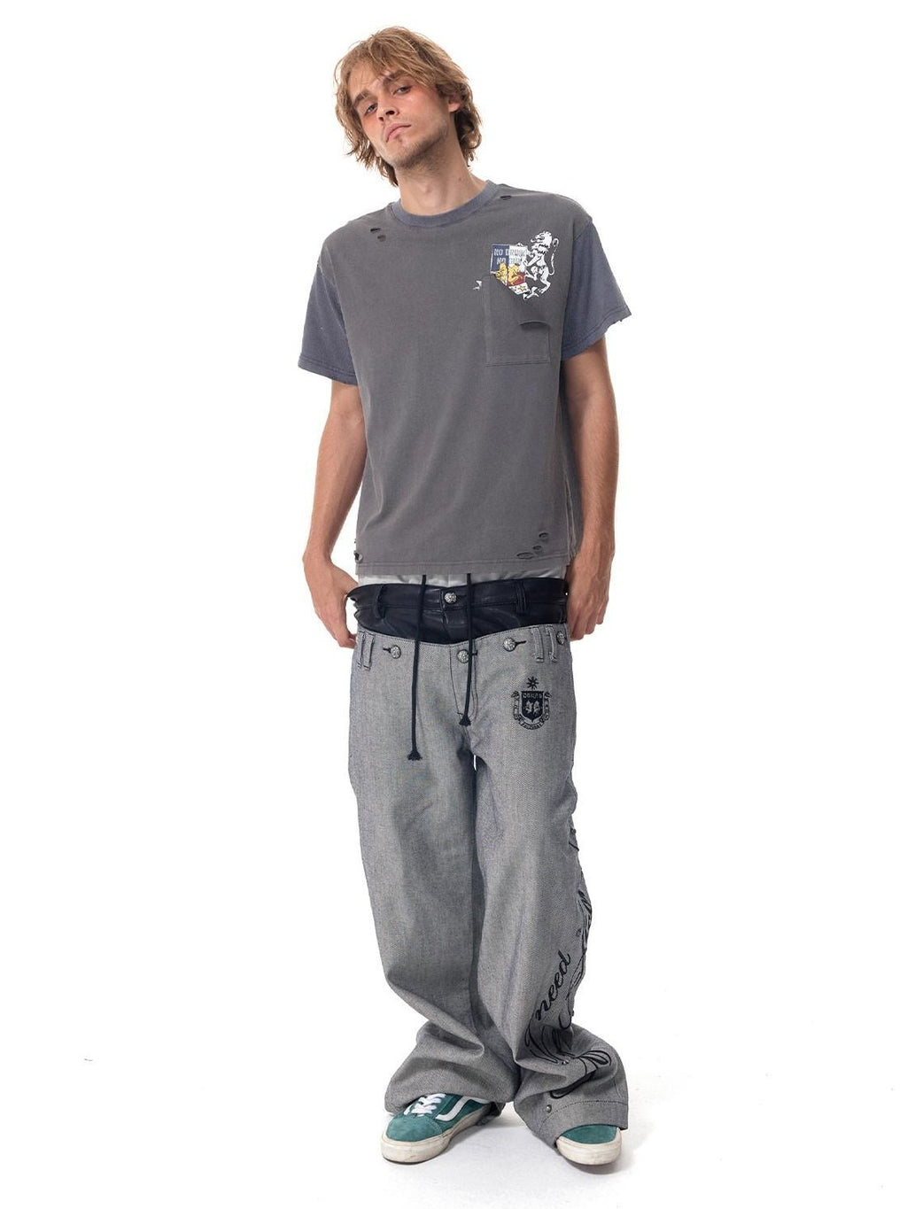 HAS2SONS Boxy Patchwork Pocket Women's Washed Gray Short Sleeve T-shirts
