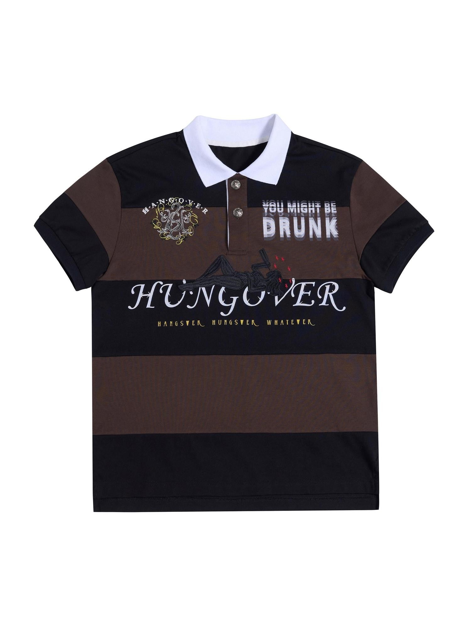 HAS2SONS Brown Black Striped Embroidered Patchwork Contrast Letter Women's Classic Polos
