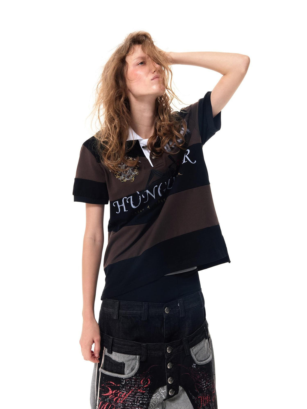 HAS2SONS Brown Black Striped Embroidered Patchwork Contrast Letter Women's Classic Polos