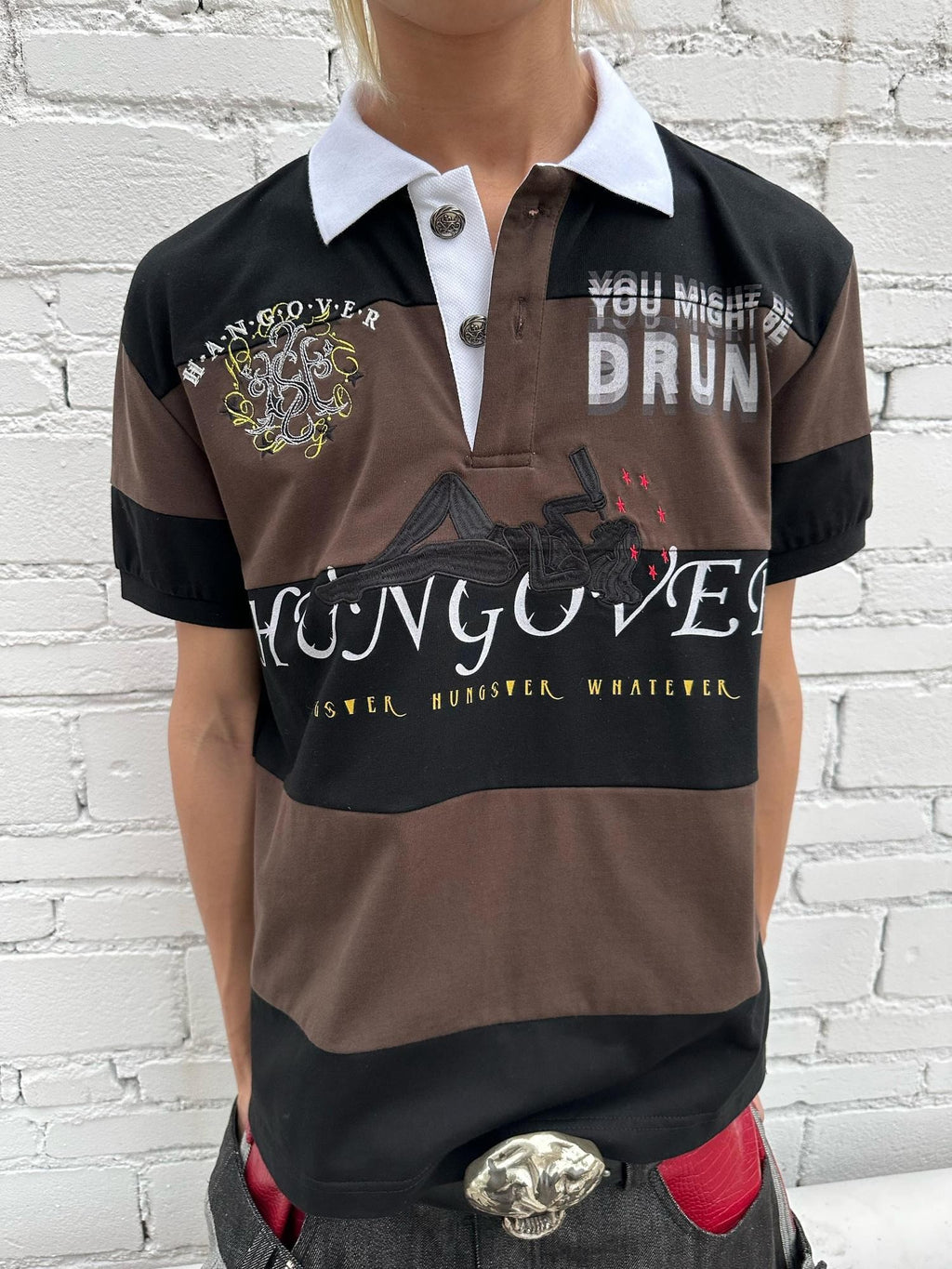 HAS2SONS Brown Black Striped Embroidered Patchwork Contrast Letter Women's Classic Polos
