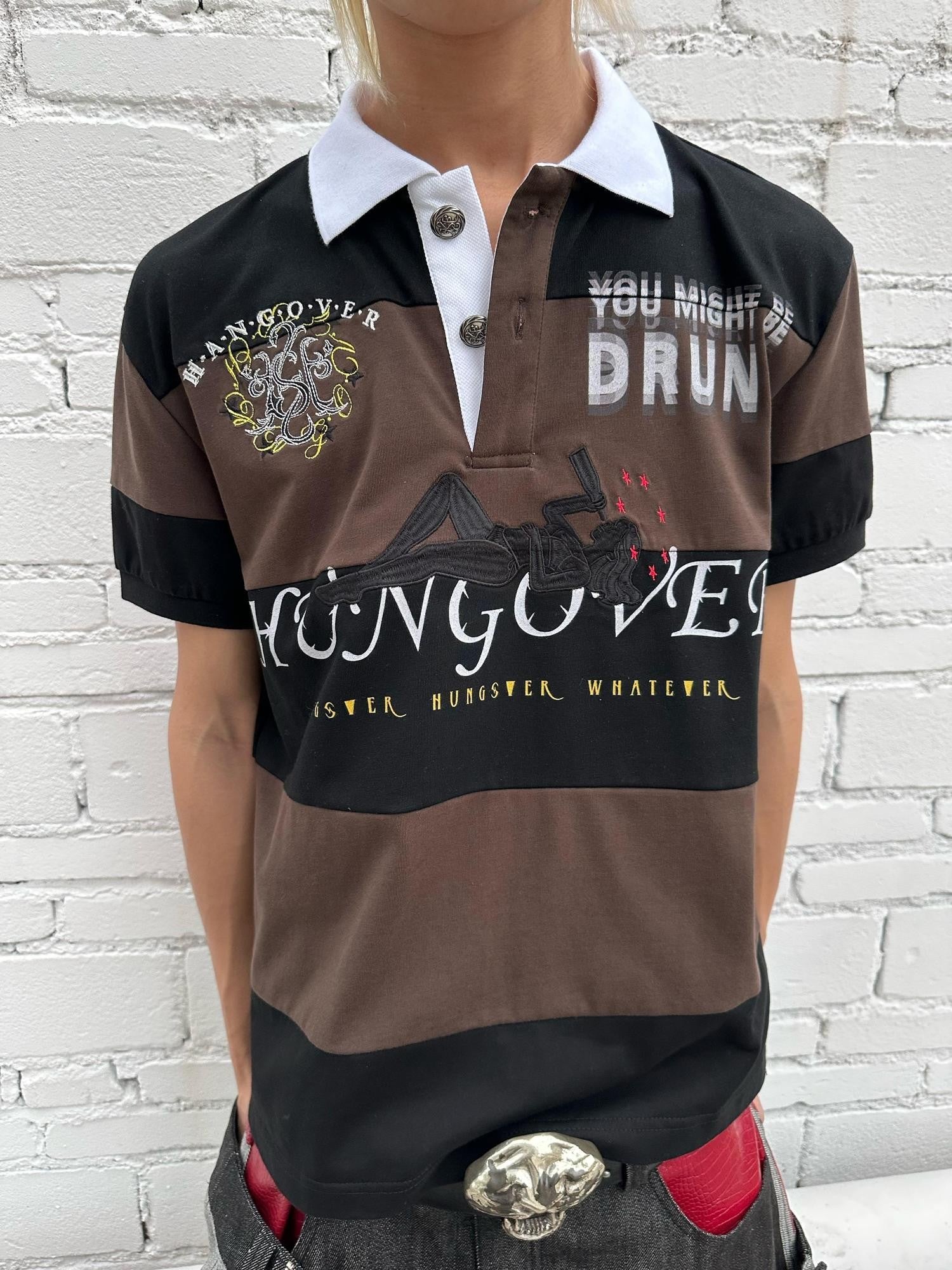 HAS2SONS Brown Black Striped Embroidered Patchwork Contrast Letter Women's Classic Polos