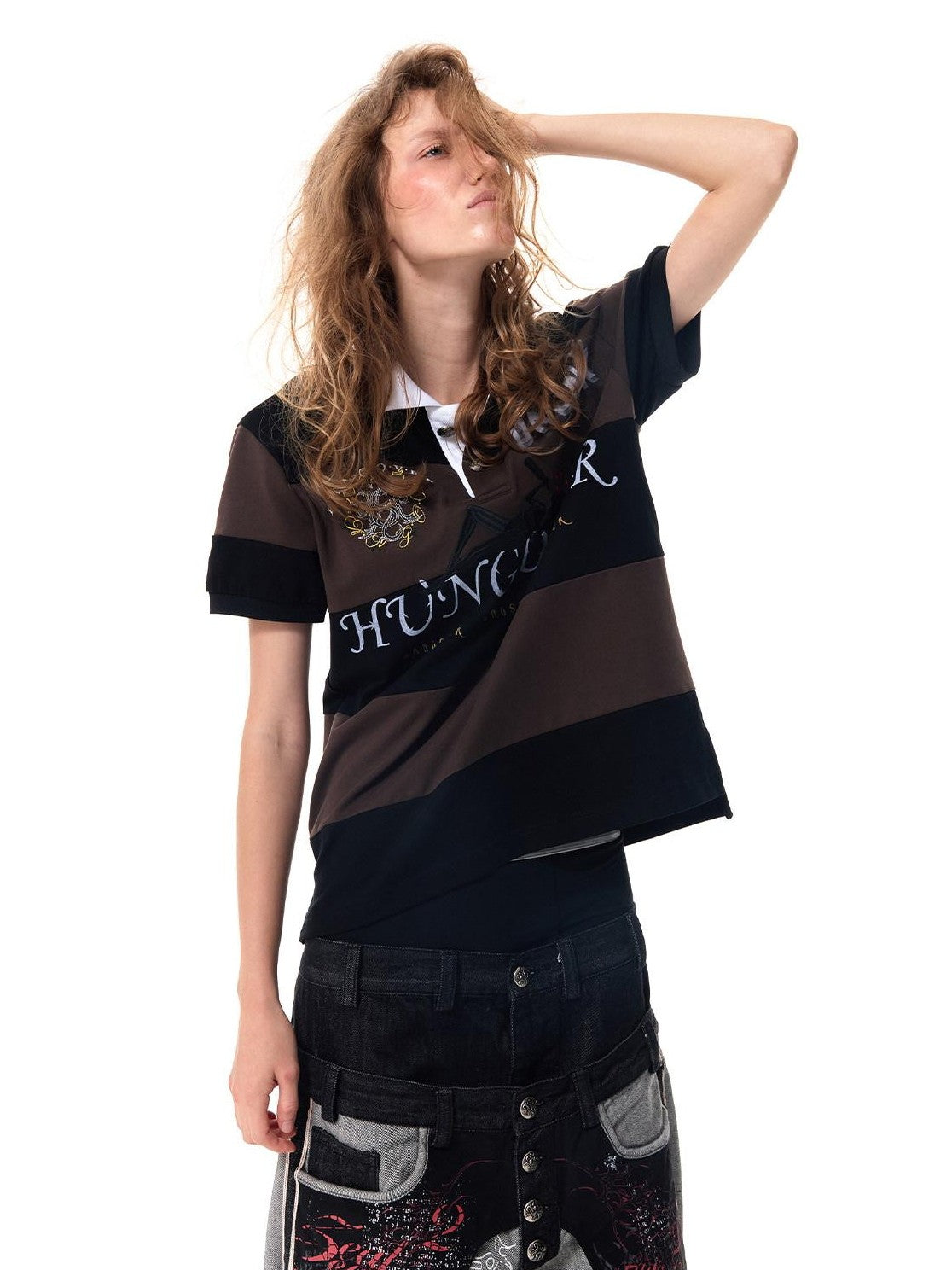 HAS2SONS Brown Black Striped Embroidered Patchwork Contrast Letter Women's Classic Polos