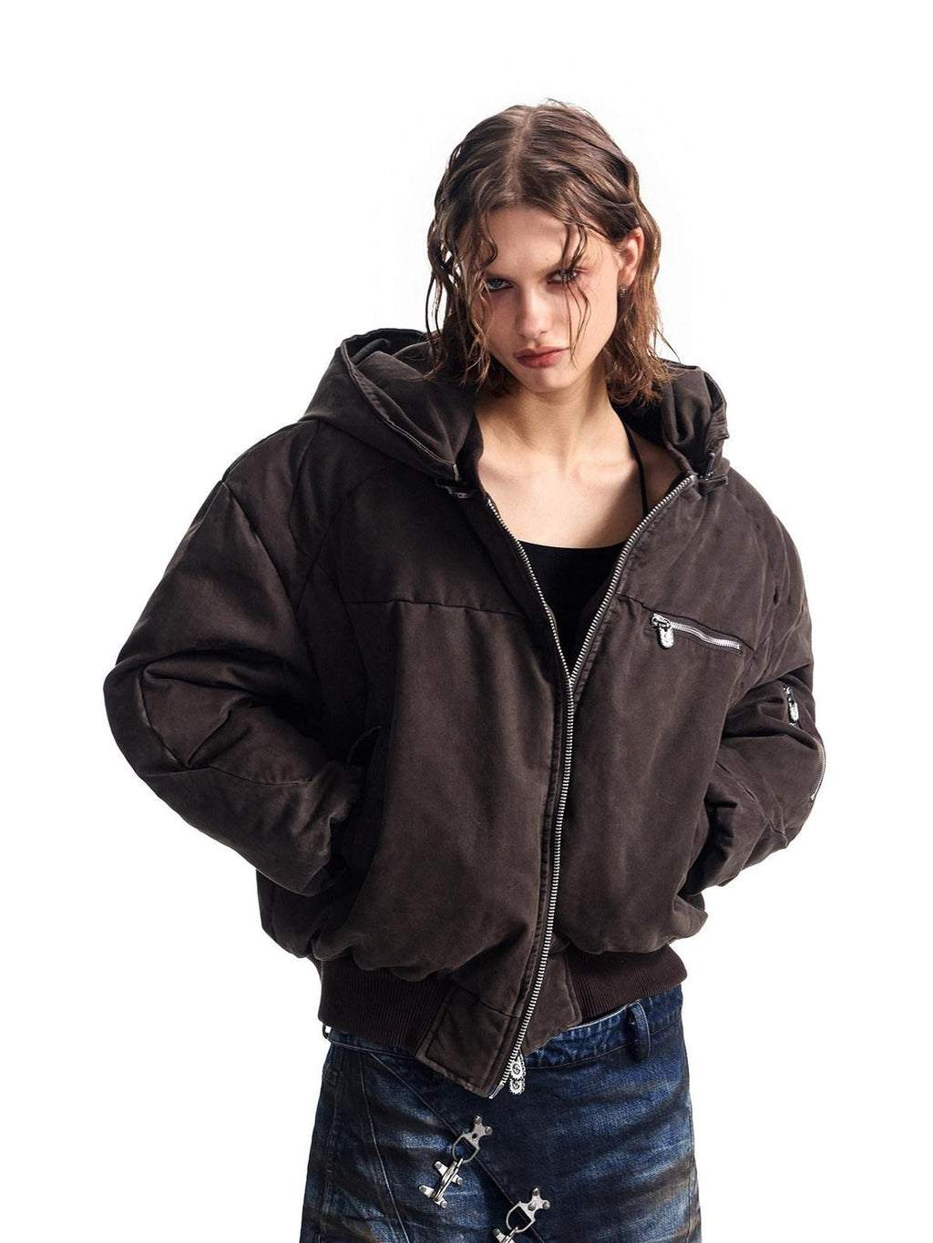 HAS2SONS Brown Washed Oversized Bomber Detachable Hood Women's Cotton Puffer Jackets