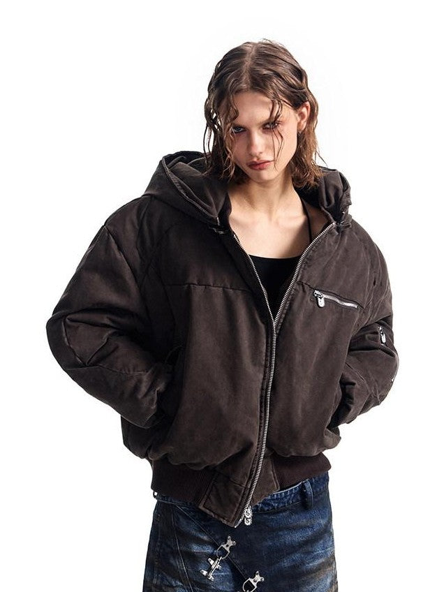 HAS2SONS Brown Washed Oversized Bomber Detachable Hood Women's Cotton Puffer Jackets