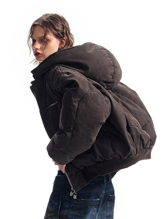 HAS2SONS Brown Washed Oversized Bomber Detachable Hood Women's Cotton Puffer Jackets