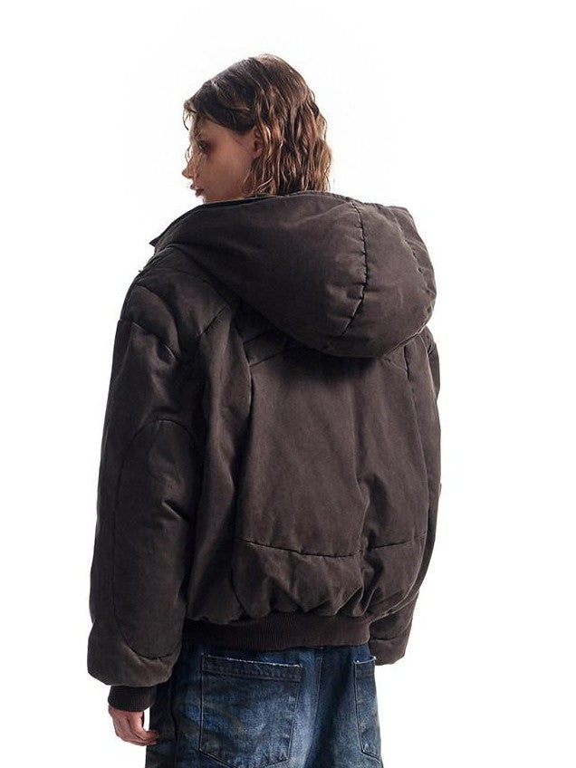 HAS2SONS Brown Washed Oversized Bomber Detachable Hood Women's Cotton Puffer Jackets