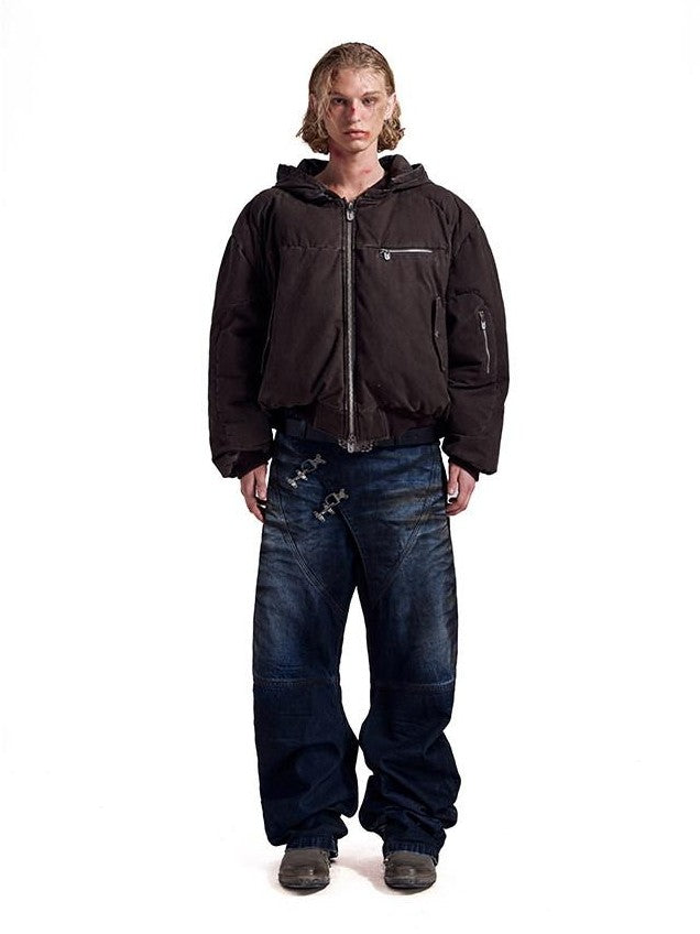 HAS2SONS Brown Washed Oversized Bomber Detachable Hood Women's Cotton Puffer Jackets