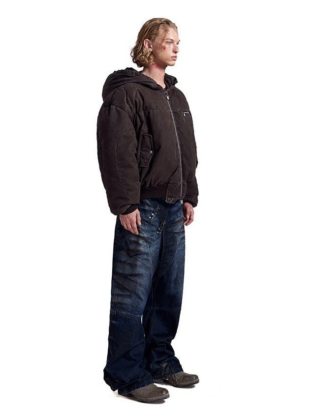 HAS2SONS Brown Washed Oversized Bomber Detachable Hood Women's Cotton Puffer Jackets