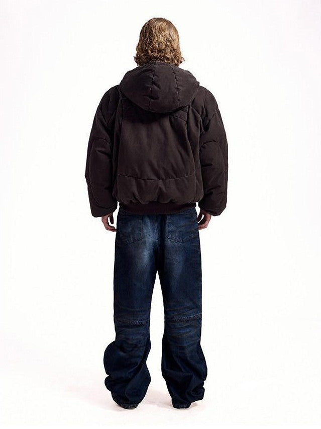 HAS2SONS Brown Washed Oversized Bomber Detachable Hood Women's Cotton Puffer Jackets