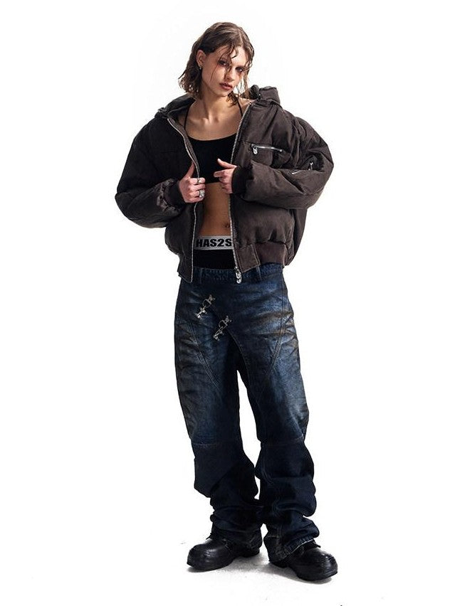 HAS2SONS Brown Washed Oversized Bomber Detachable Hood Women's Cotton Puffer Jackets