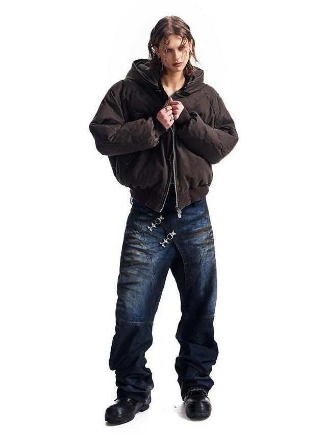 HAS2SONS Brown Washed Oversized Bomber Detachable Hood Women's Cotton Puffer Jackets
