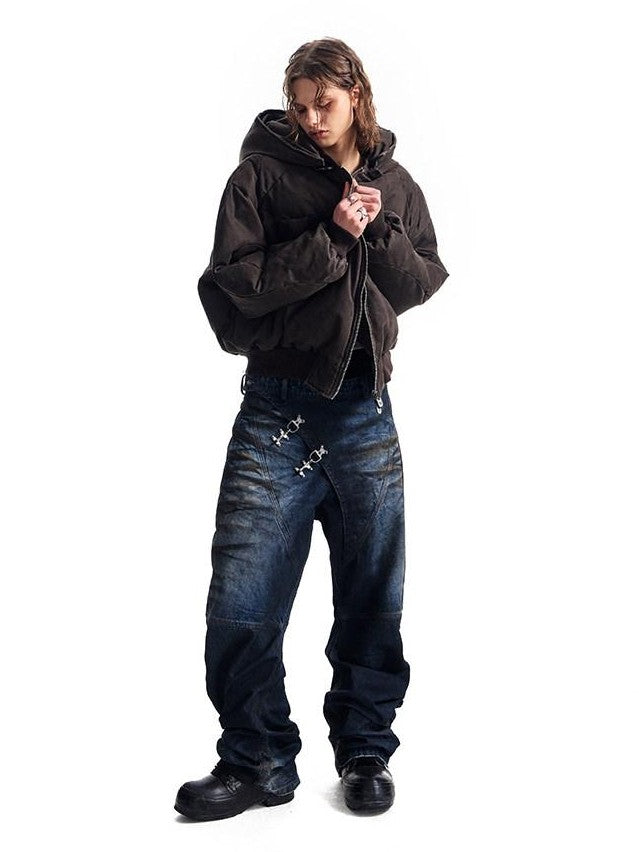 HAS2SONS Brown Washed Oversized Bomber Detachable Hood Women's Cotton Puffer Jackets