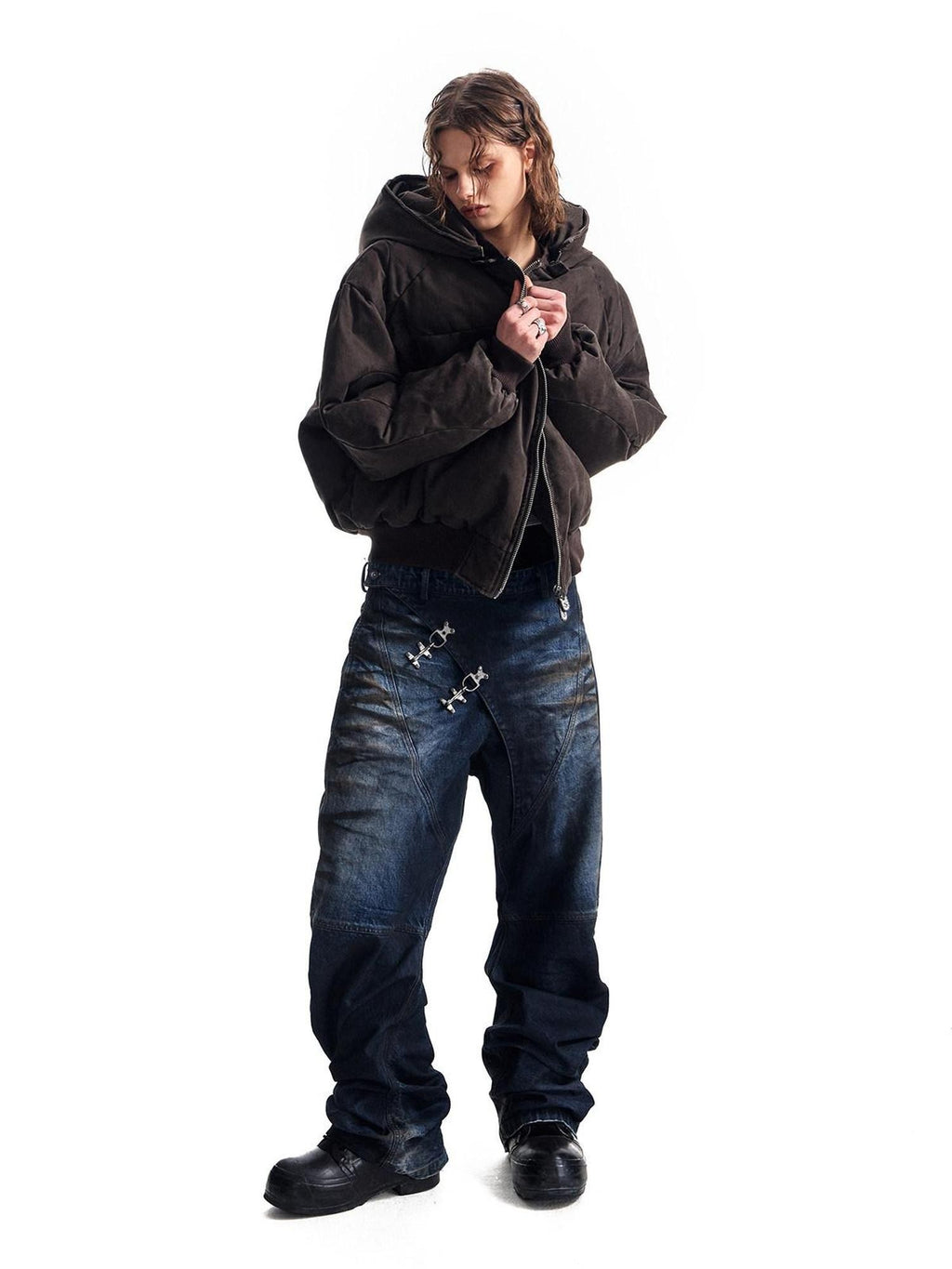 HAS2SONS Brown Washed Oversized Bomber Detachable Hood Women's Cotton Puffer Jackets