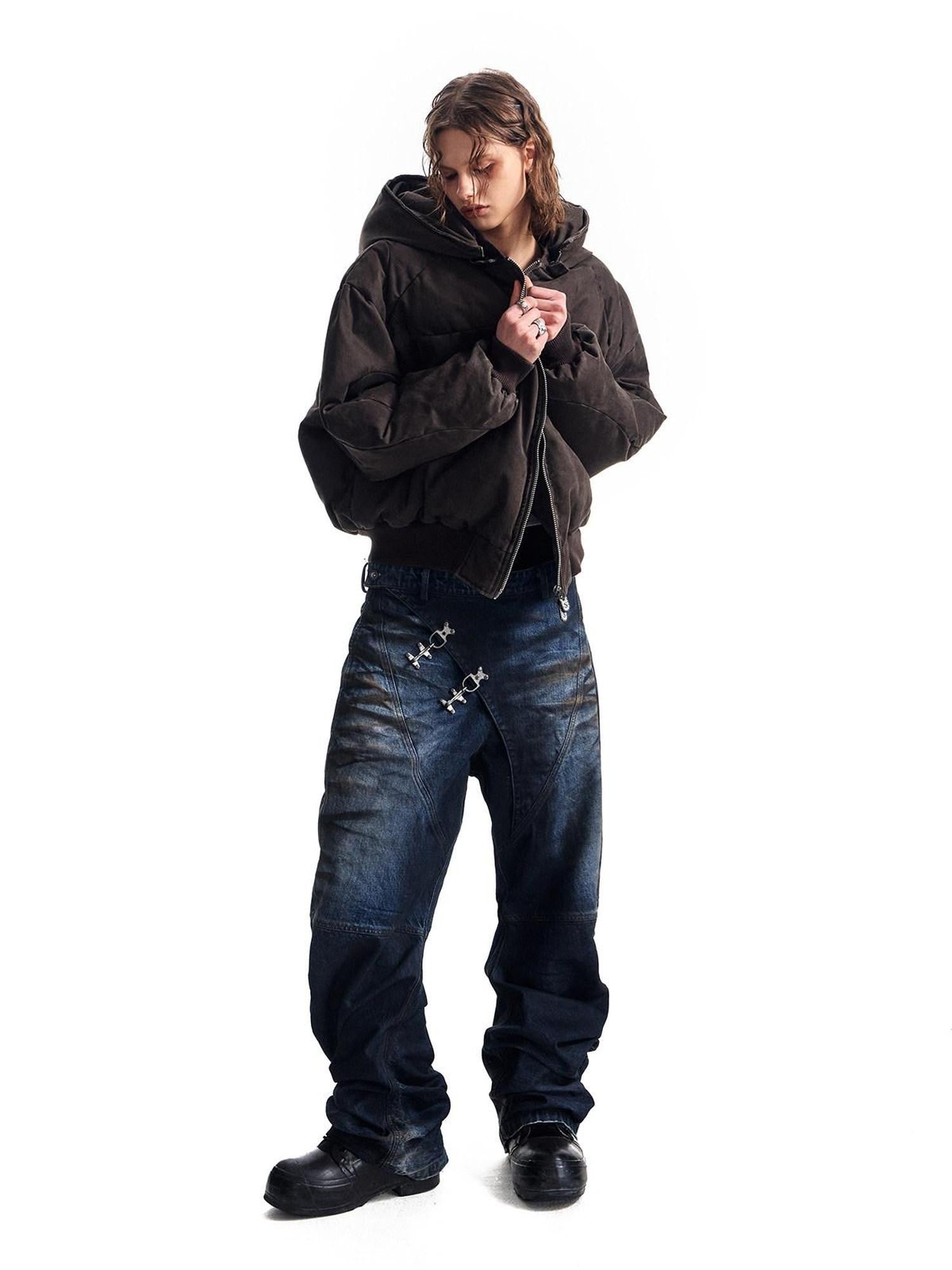 HAS2SONS Brown Washed Oversized Bomber Detachable Hood Women's Cotton Puffer Jackets