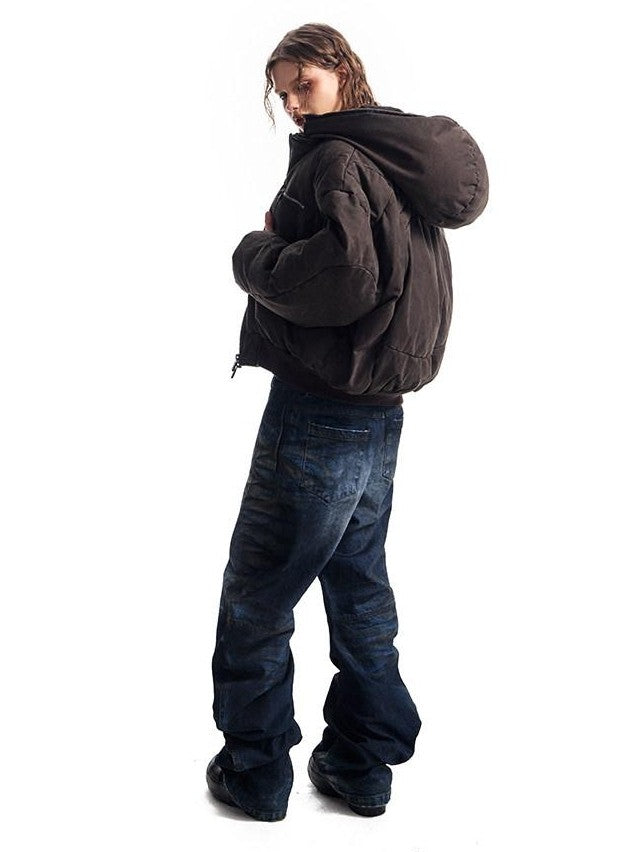 HAS2SONS Brown Washed Oversized Bomber Detachable Hood Women's Cotton Puffer Jackets