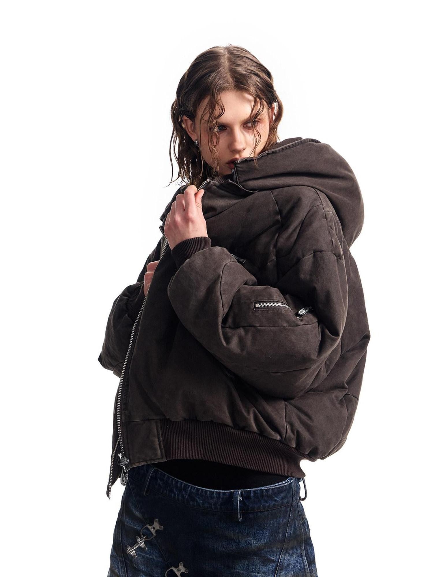 HAS2SONS Brown Washed Oversized Bomber Detachable Hood Women's Cotton Puffer Jackets