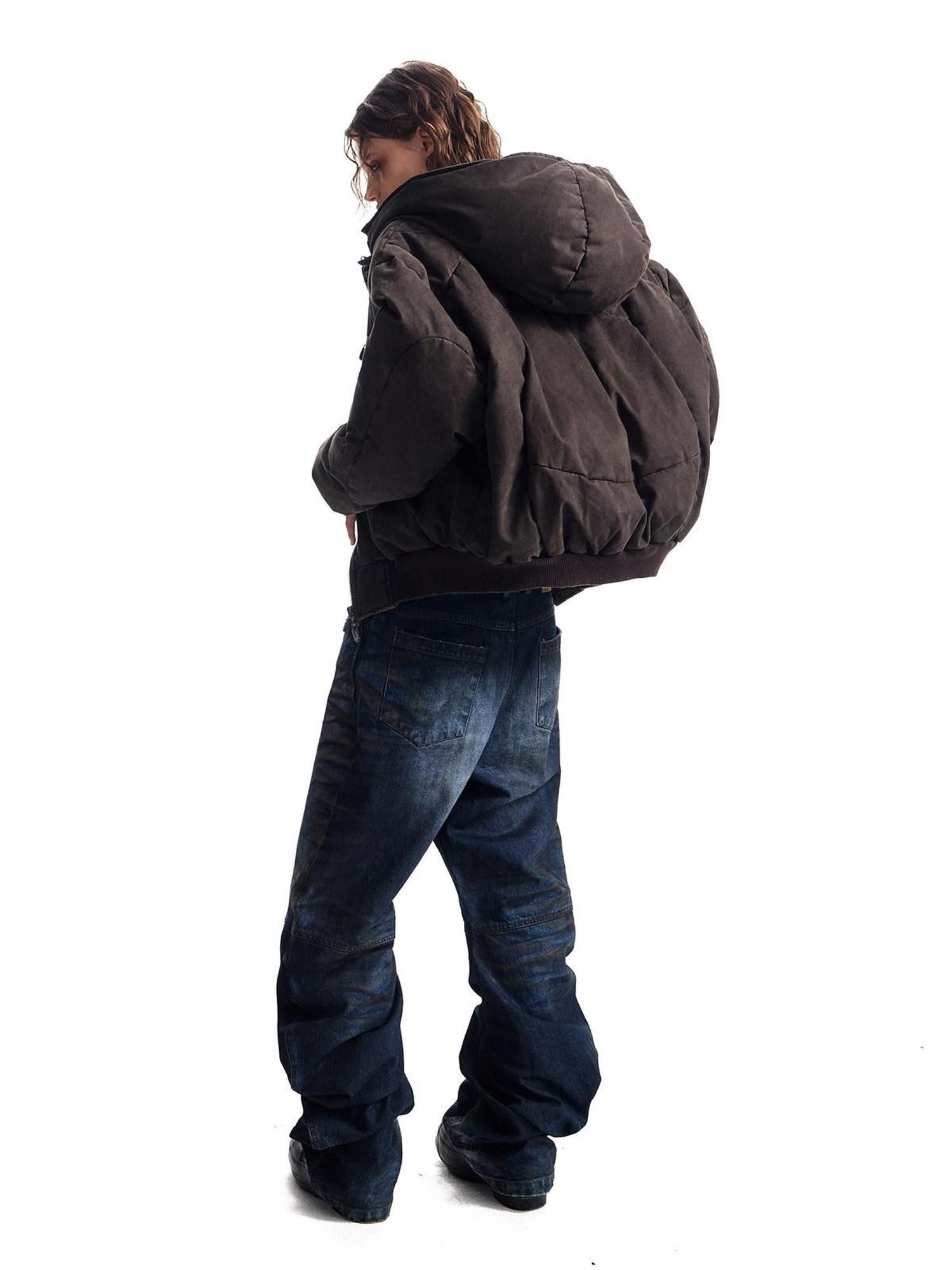 HAS2SONS Brown Washed Oversized Bomber Detachable Hood Women's Cotton Puffer Jackets