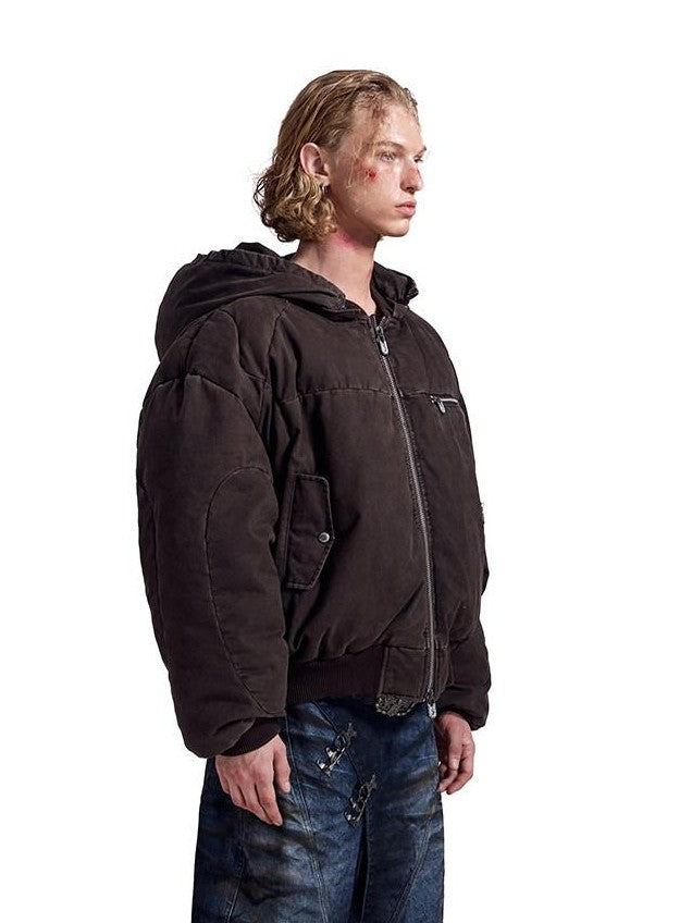 HAS2SONS Brown Washed Oversized Bomber Detachable Hood Women's Cotton Puffer Jackets